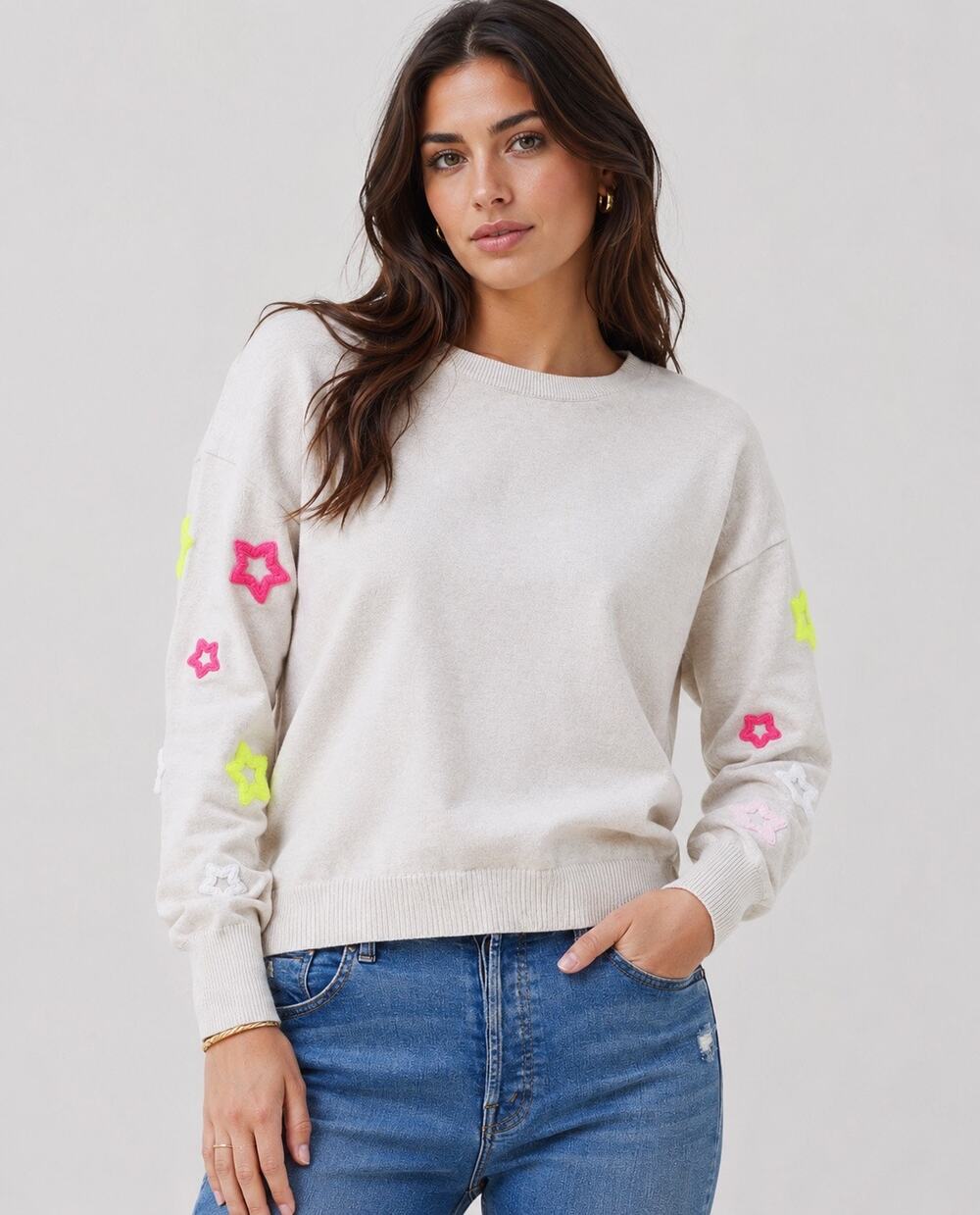 J. Society Star Puff Sleeve Sweater Beige Neon Applique Cotton Size Medium Y2K